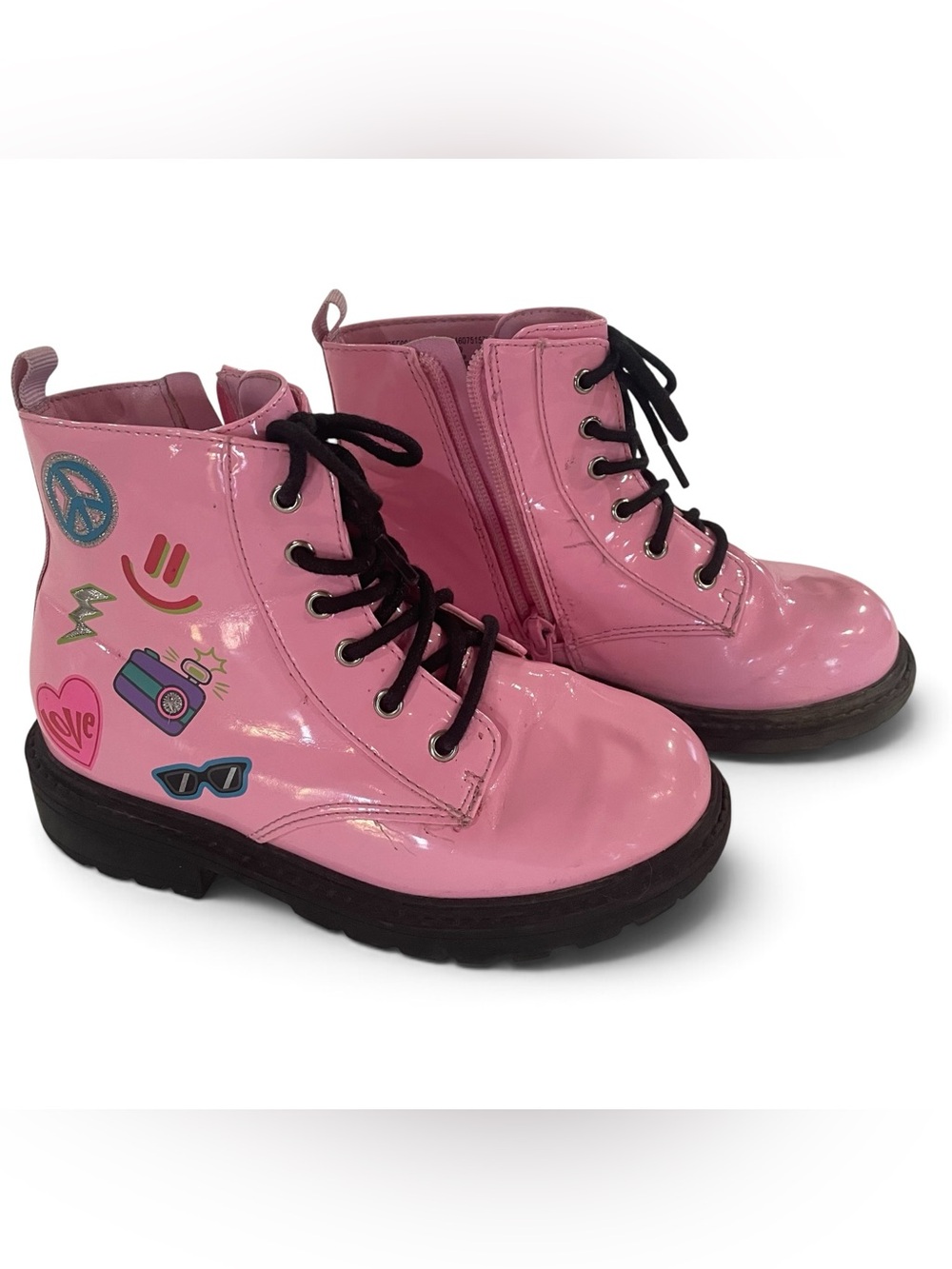 Wonder Nation Girls' Pink Patent Lace-Up Combat Boots with Fun Graphics Size 12
